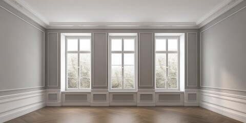 Fototapeta premium The elegance of the empty room interior is accentuated by its wooden floors and gray walls, which are complemented by white moldings and the serene beauty of nature visible through the , Generative AI