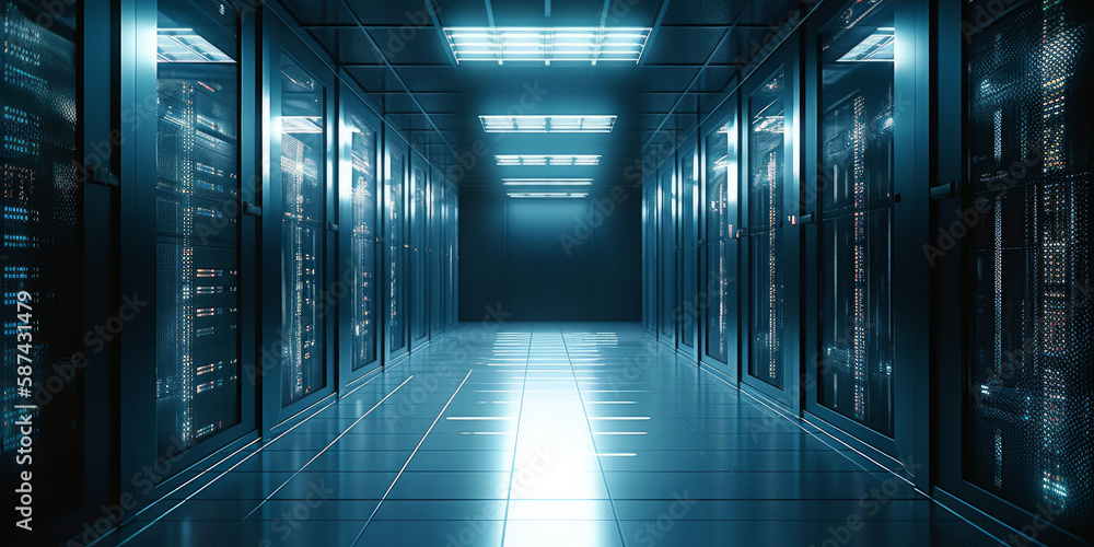 Poster server room of the cybernetic data center's corridor. generative ai