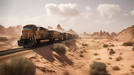 Freight train riding thru the desert. Generative Ai.