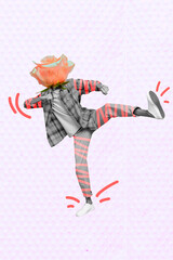 Vertical photo banner of headless boyfriend young man fresh rose flower kick leg funny 3d model...