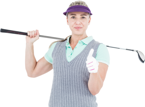 Pretty blonde playing golf and showing a thumbs up