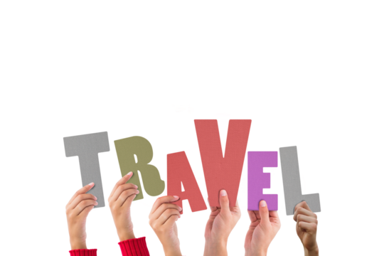 Cropped hands holding colorful word travel