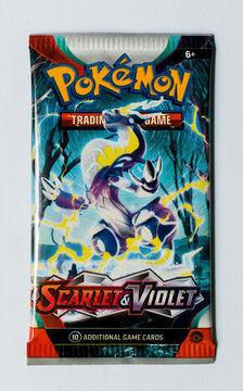 Hamburg, Germany - 03312023: macro photo of single pokemon booster card pack of the english SVI series scarlet and violet.