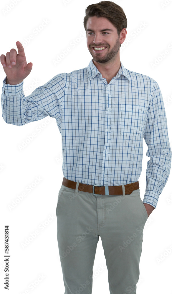 Poster man pretending to touch an invisible screen