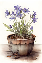 Fototapeta na wymiar Blue-eyed Grass Watercolor Illustration for Botanical Home Decor. Generative AI