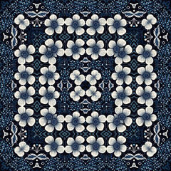 Retro indigo floral bandana 2 tone patterned fabric background. Seamless boho denim blue design. Fashion masculine wall paper. 