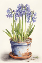 Bluebells in Pot Watercolor Illustration for Relaxing Home Decor. Generative AI