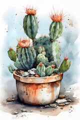Watercolor Cactus Illustration for Bohemian and Eclectic Home Decor. Generative AI