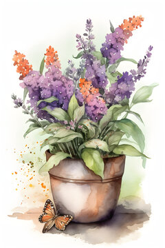 Watercolor Butterfly Bush Illustration for Vibrant Home Decor. Generative AI