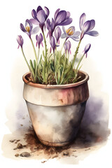 Crocus Flower in Pot Watercolor Illustration for Natural Home Decor. Generative AI