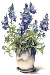 Delphinium in Pot Watercolor Art Print for Botanical Home Decor. Generative AI