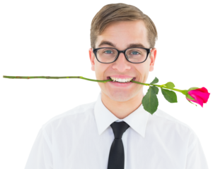 Geeky hipster holding a red rose in his teeth