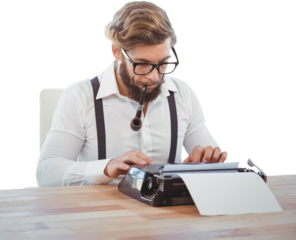 Hipster smoking pipe while working on typewriter