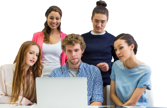 Confident business people discussing over laptop at desk