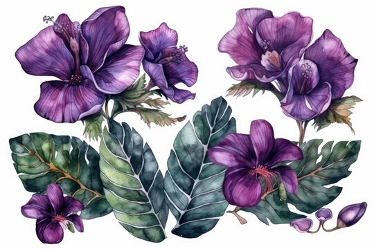 purple flowers and leaves painted in watercolor. Generative AI