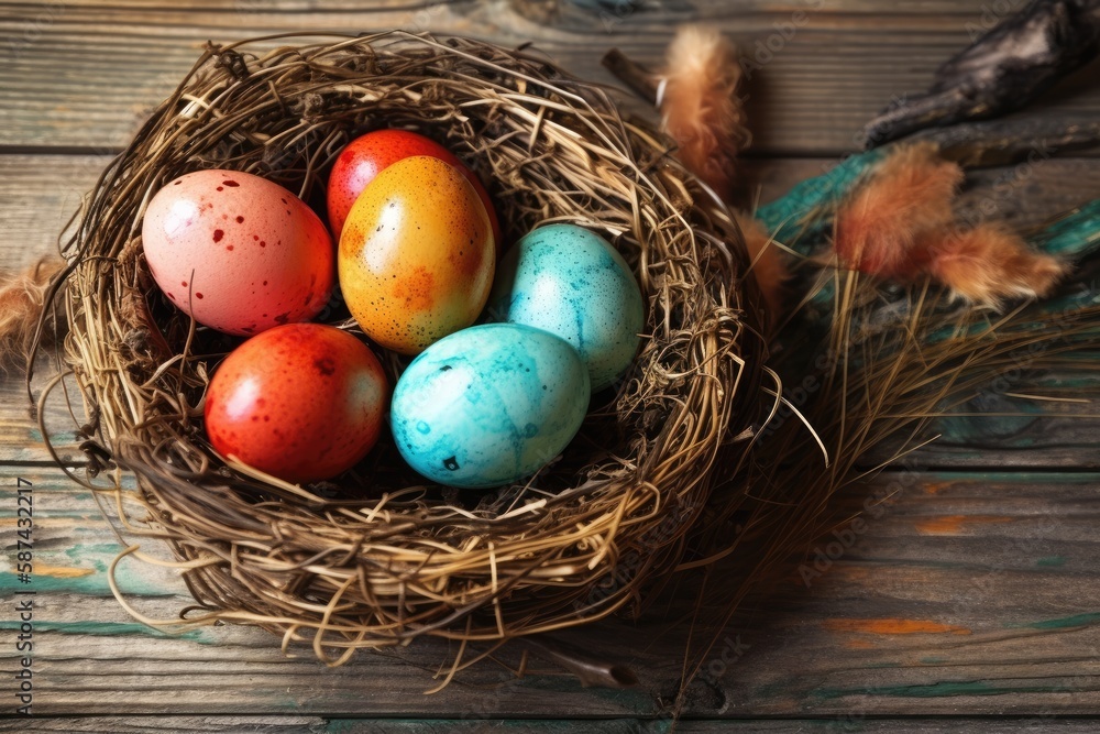Aufkleber bird nest with eggs on a rustic wooden table. generative ai