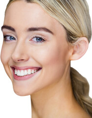 Obraz premium Young woman smiling over white background