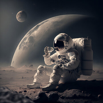 astronaut drinking a coffee on the moon , space, moon, astronaut, coffee, astronaut on the moon, funny photos, creating using generative AI