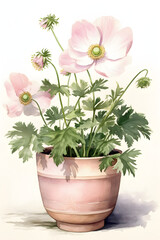 Watercolor Japanese Anemone Illustration for Serene and Botanical Home Decor. Generative AI