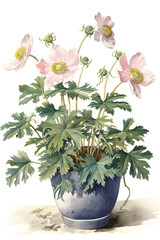 Japanese Anemone Watercolor Illustration for Botanical Home Decor. Generative AI