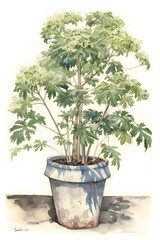 Japanese Angelica Watercolor Illustration for Botanical and Serene Home Decor. Generative AI