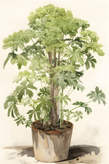 Japanese Angelica in Pot Watercolor Art Print for Botanical Home Decoration. Generative AI