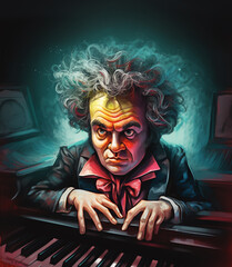 Ludwig van Beethoven caricature illustration Generative A.I. - obrazy, fototapety, plakaty