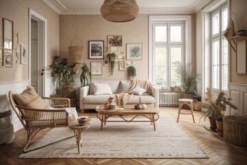 White and beige farmhouse living room with rattan furniture, parquet floor, and wallpaper. Boho decor,. Generative AI
