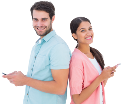 Happy couple sending text messages