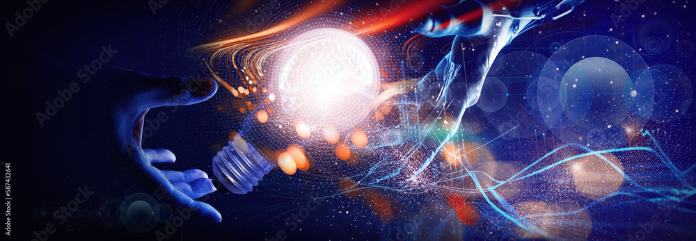 Poster Machine learning, AI, Hands of robot and human touching big data of Global network connection, Internet and digital technology, Science and artificial intelligence digital technologies of futuristic