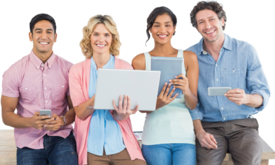 Casual businesspeople using digital tablet with colleagues behind in office