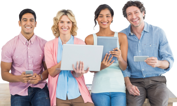 Casual businesspeople using digital tablet with colleagues behind in office