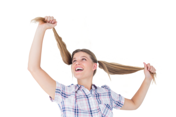 Geeky hipster holding her pigtails