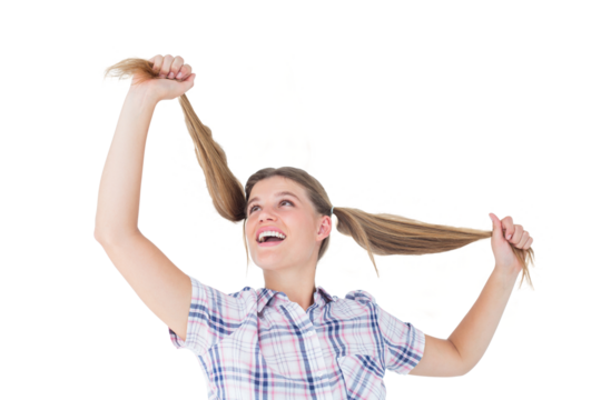 Geeky hipster holding her pigtails