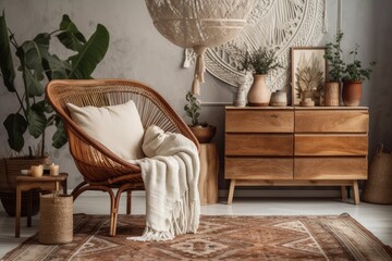 Boho living room with design armchair, wooden vintage commode, vase with flowers, macrame, abstract backdrop walls, and gorgeous accessories. Modern furnishings. Template. Generative AI