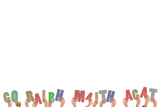 Colorful alphabet spelling thanks in Irish held up by people 