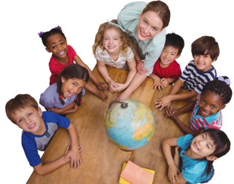 Cute pupils smiling around a globe in classroom with teacher