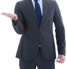Businessman holding hand out in presentation