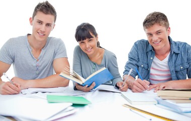 Students doing work together as they all look into the camera