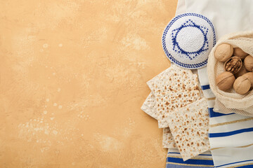 Passover Pesah celebration concept. Matzah, kosher red wine, walnut and white and yellow roses....