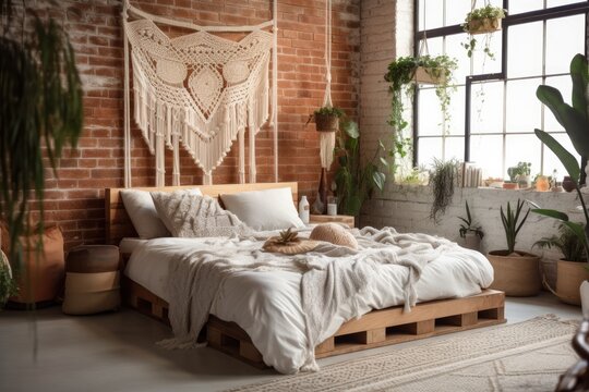 Boho bedroom decor. Wooden bed on white brick wall with large macrame and garland. Contemporary basic pleasant room. Generative AI