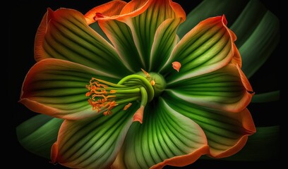  a green and orange flower on a black background with a black background.  generative ai
