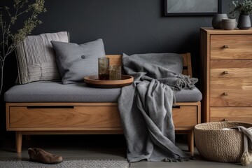 Knickknacks on wooden commode behind grey sofa with cushions and blanket. Generative AI