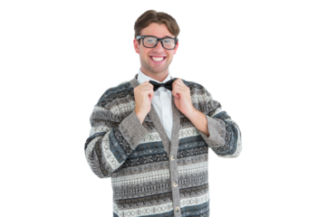 Happy geeky hipster with wool jacket 