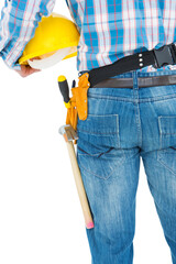 Fototapeta na wymiar Rear view of handyman wearing tool belt