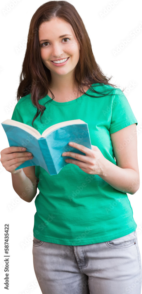 Poster student picking a book from shelf in library
