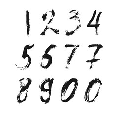 Set of calligraphic numbers painted by black brush on isolated white background. Lettering for your design. Vector illustration.