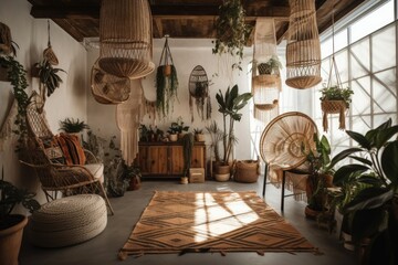A metal pole holds many macrame plant hangers with houseplants and potted plants. The warm bohemian space is decorated with boho baskets and wicker egg chairs. Generative AI