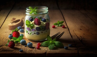  a mason jar filled with berries and mints on a wooden table.  generative ai