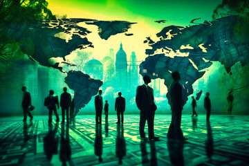 A global business concept represented by the silhouette of business people, working together to create a thriving international economy